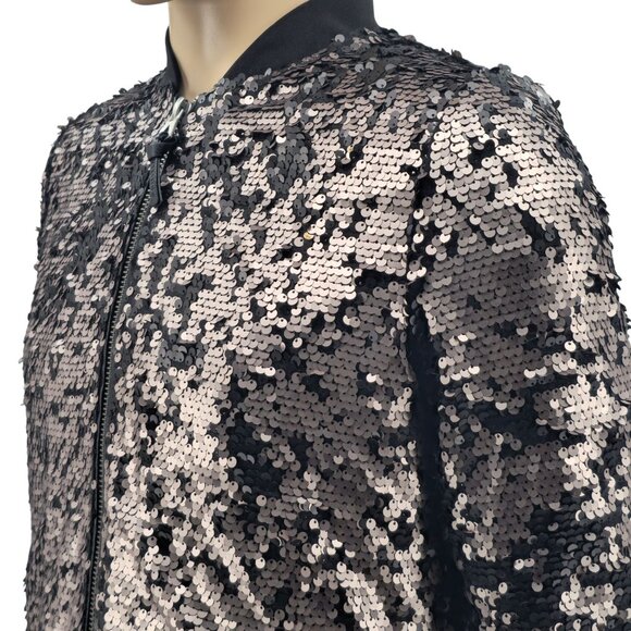 Guess Womens Sequin Bomber Jacket Black & Rose Gold Size Small - Picture 1 of 10
